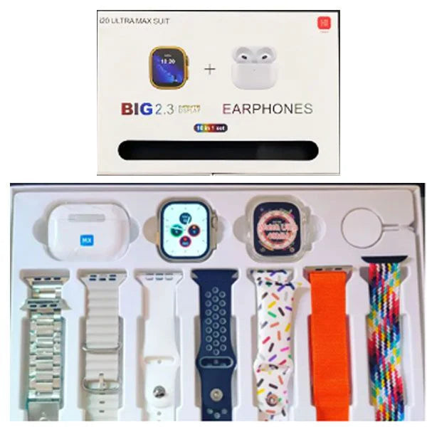 I20 Ultra Max With AirPods2 Bonus |10 In 1 Smartwatch Bundle 2.3 Inch Large Screen 10 Straps