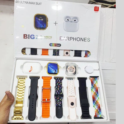 I20 Ultra Max With AirPods2 Bonus |10 In 1 Smartwatch Bundle 2.3 Inch Large Screen 10 Straps